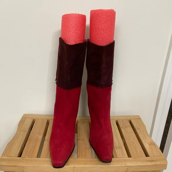 Stuart Weitzman Two-Tone Red and Brown Suede Mid-Calf Block Heel Zip Boots Rare